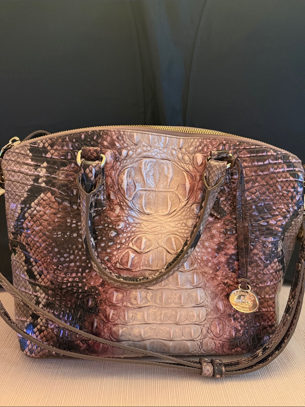 Brahmin Croc-Embossed Dome Satchel Shoulder Bag in Brown and tan,